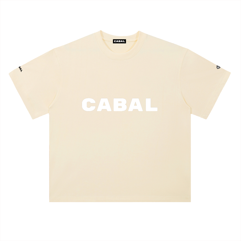 A apricot-colored short-sleeve t-shirt with 'CABAL' printed in bold white letters across the chest, displayed flat against a white background.